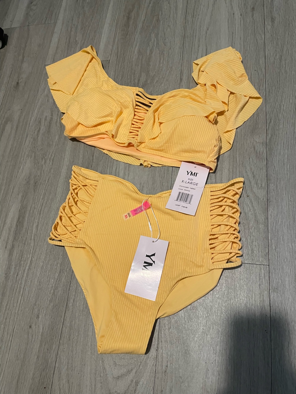YMI Yellow Ribbed Ruffle Off-Shoulder Bikini with Lattice High-Waist Bottoms